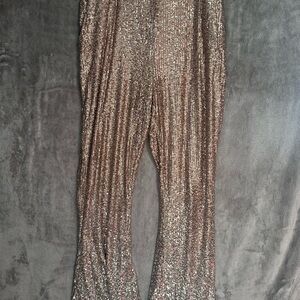 Cable And Gauge Womens L Retro Champagne Sequin Flare Disco Pants 70s Glam NWT